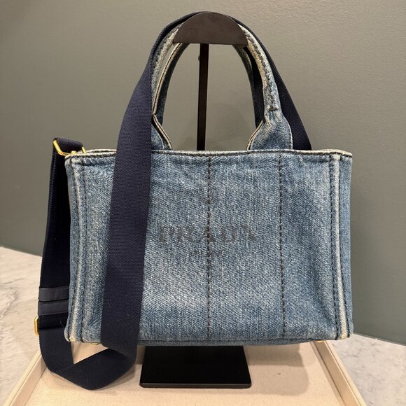 Prada Small Denim Canapa Logo Tote w/ Strap - Picture 1 of 7